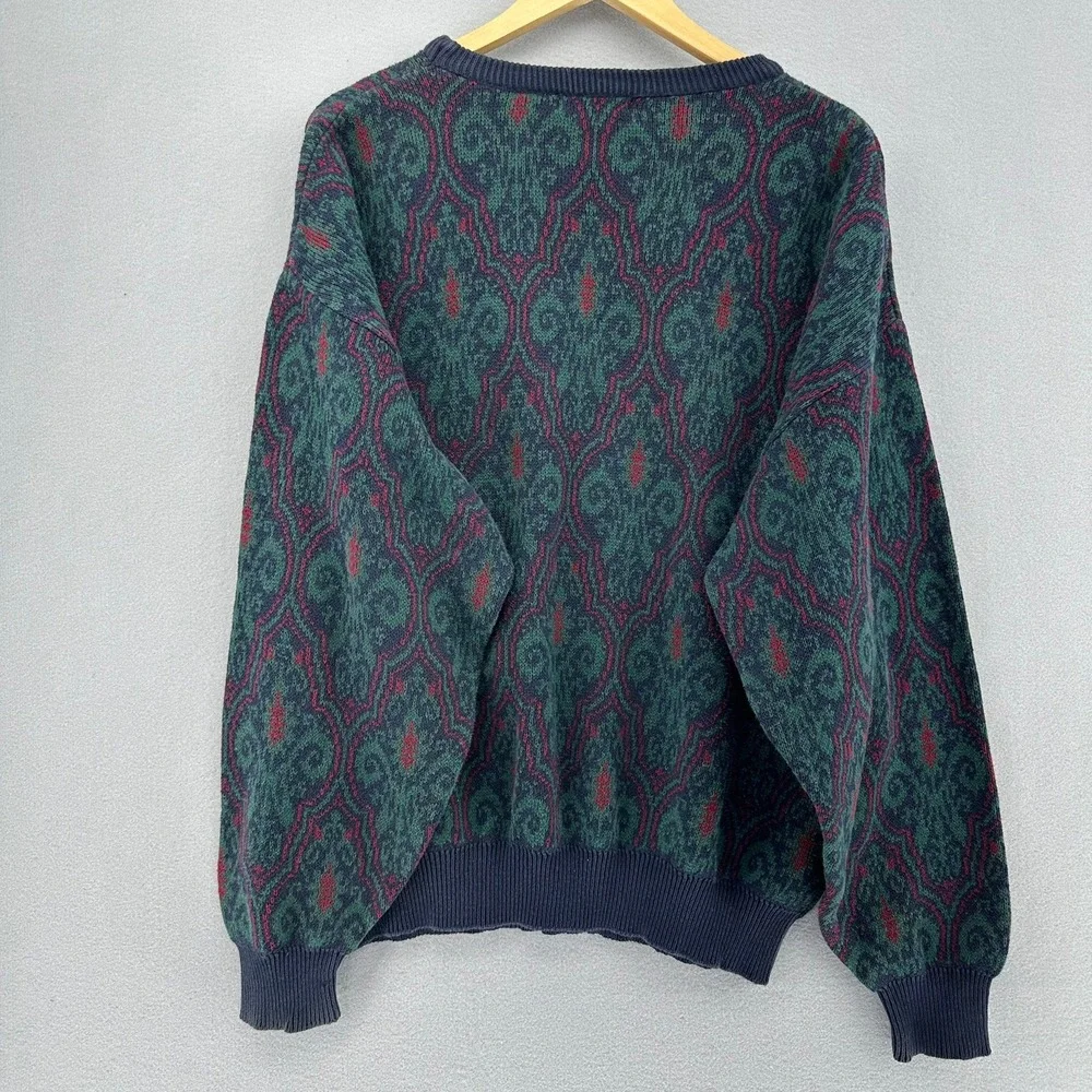 VTG Claiborne Knit Cosby Sweater Geometric Pattern Navy Green Pullover SZ XL USA